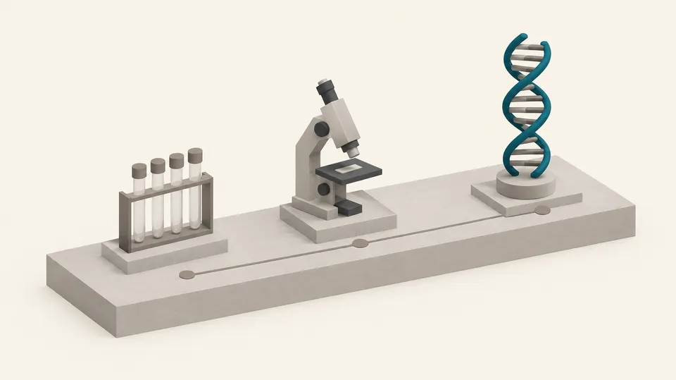Isometrisk tidslinje med blodprøverør, en mikroskopform og en DNA-spiral