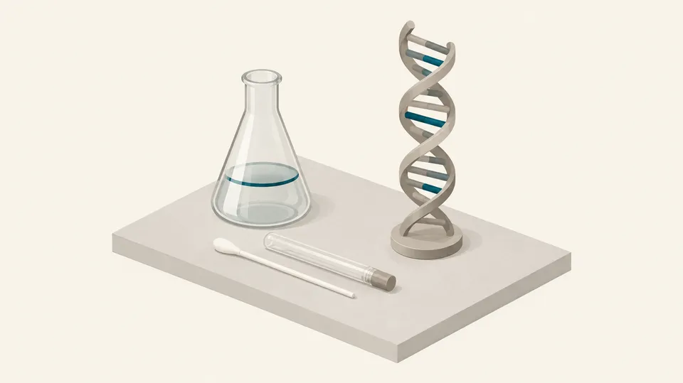 Isometrisk illustration af en kolbe, en lille prøvepind og en DNA-spiral på en lys flade